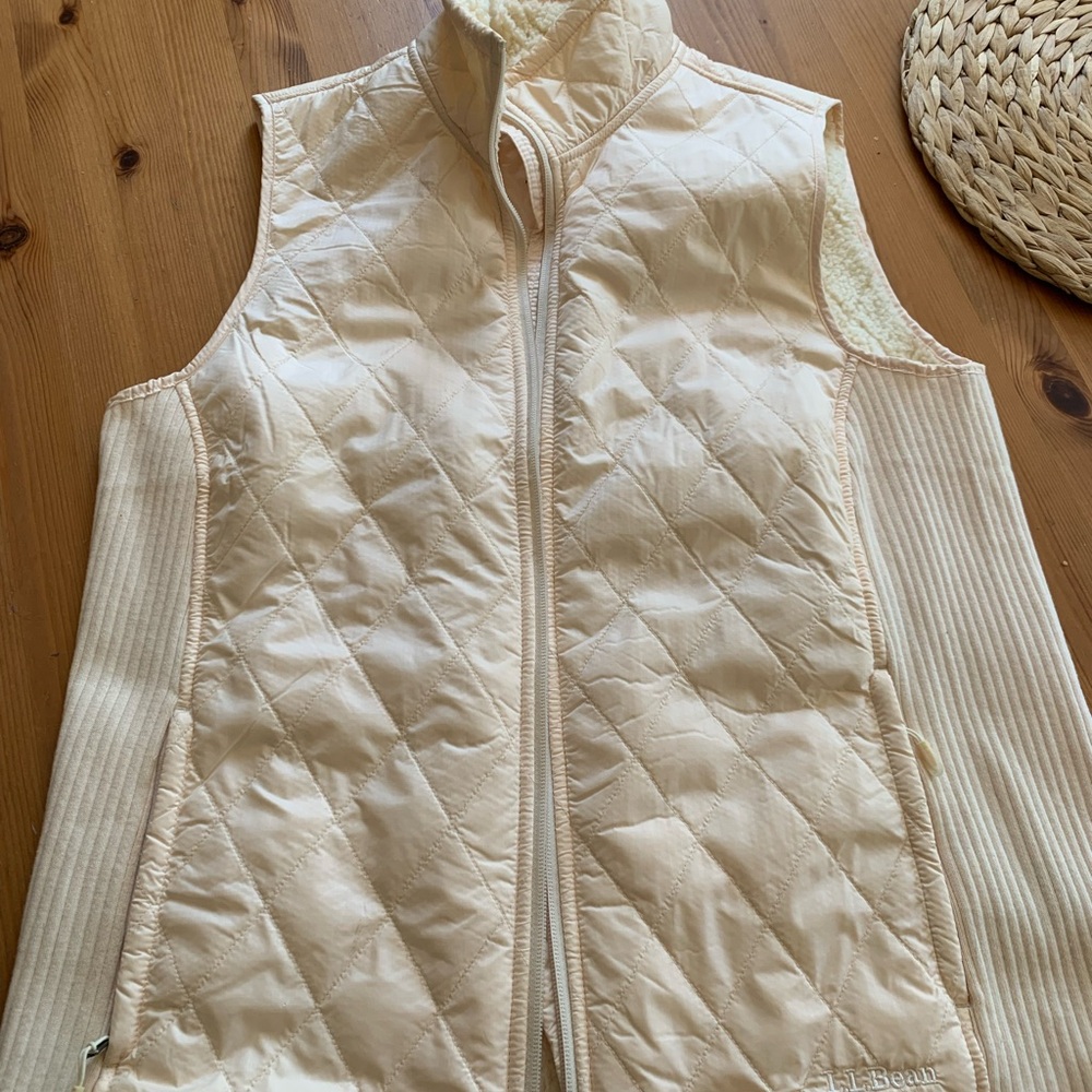 L.L. Bean Ivory Quilted Vest with Knit Side Panels